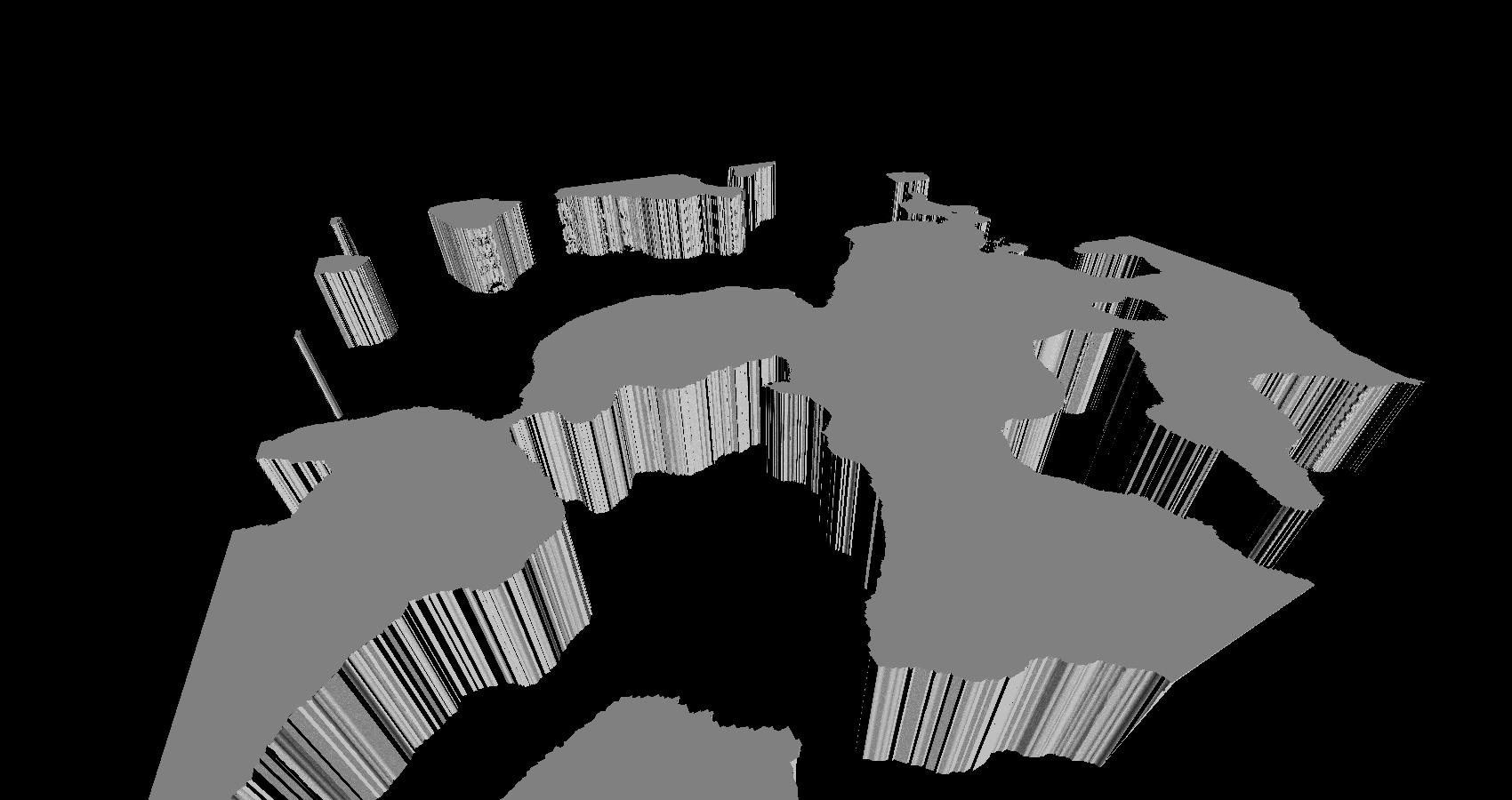 2D clouds extrude upwards in a black void